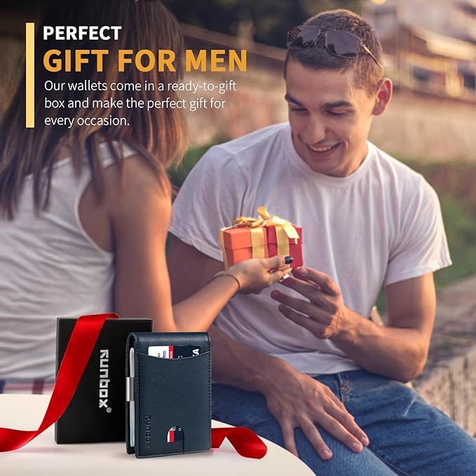RUNBOX Money Clip Slim Wallets for Men RFID Blocking 11 Card Holder Minimalist Small Leather Bifold Men's Front Pocket Wallet Gift Box
