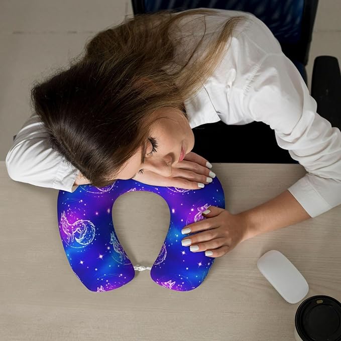 Travel Neck Pillow for Pain Relief Sleeping, Galaxy Wolf, Comfortable Memory Foam Chin Head Cushion Support with Zip Cover, Fashion Car Flight Pillows