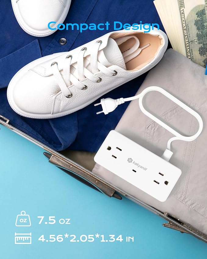 European Travel Plug Adapter, EU/UK/JP Plug Adapter, 4 AC Outlets, 3 USB Ports (2 USB C), 5ft Flat Extension Cord, Compact for Travel