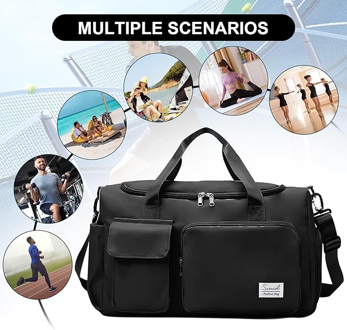 Gym Bag for Women Men, Travel Duffle Bag Large Capacity Carry On Weekender Bag With Shoe Compartment Gym Tote Dry Wet Separation Duffel Bag with Makeup Bag, Black