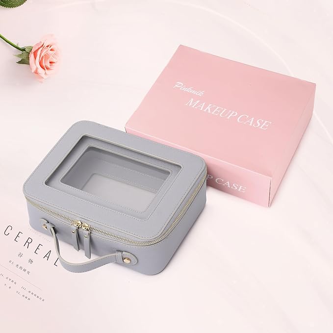 Pinkmik Clear Makeup Bag for Women Waterproof Travel Cosmetics and Toiletries Case Portable Makeup Oaganizer Bag Clear Car Bag with Zipper (Gray, M+L)