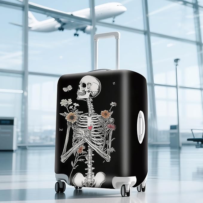 ANNA QUEEN Funny Skull Flower Travel Luggage Cover Suitcase Protector Suitcase Cover Anti-Scratch,Stretchable Fit for 18-32Inch Luggage,Travel Bag Cover Washable L(fits 26-28Inch suitcase)