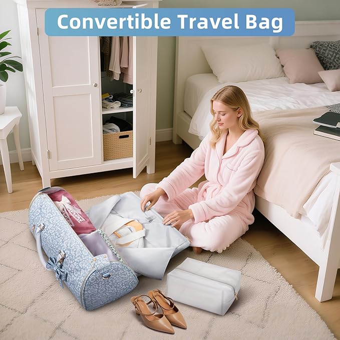Travel Garment Bag for Women, Foldable Carry On Garment Duffle Bag 20.5x10x12.5 Inch, Convertible Overnight Bags with Shoe & Toiletry Pockets for Business Trip, Vacation, Party, Blue-White