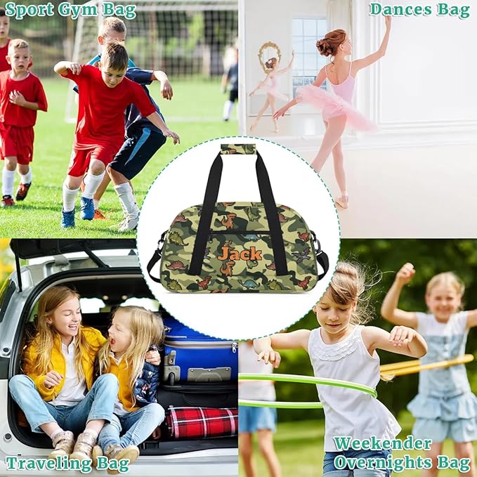 Personalized Duffel Bag for Kids Girls Boys, Cartoon Dinosaurs Custom Name Gym Bag Overnight with Padded Handles Carry On Weekend Sports Travel Bag for School Practice Gymnastics Ballet