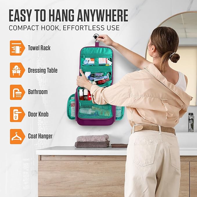 VENTURE 4TH Hanging Travel Toiletry Bag for Women & Men - Travel Organizer with Expandable Compartments & Removable Clear Pouch for Toiletries (Purple/Mint)