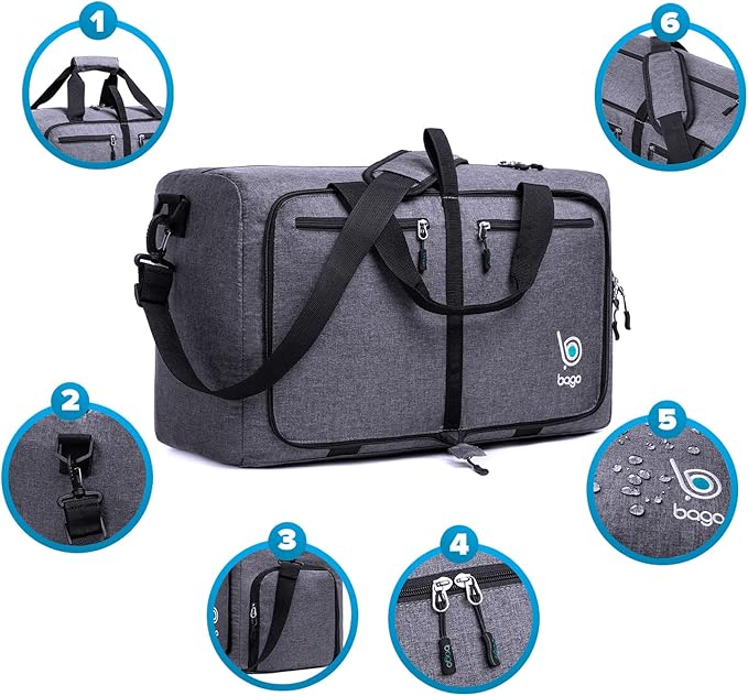 Bago Large Foldable Duffel Bags for Traveling Women & Men - 80L Packable Duffle Bag for Travel with Shoe Compartment - Water Repellant, Heavy Duty, Lightweight Folding & Collapsible (SnowBlack)