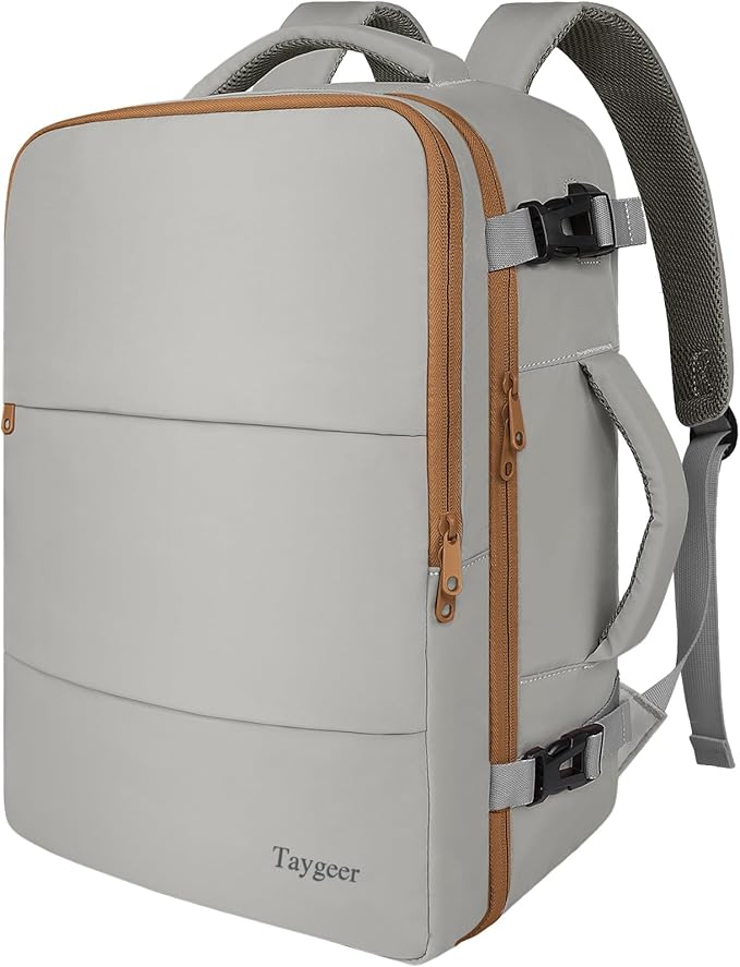 Taygeer 35L Carry On Travel Backpack for Women, Personal Item Backpack with USB Charging Port, Fits 15.6 Inch Laptop, Large Weekender Bag for Women Men Hiking Gift, Dark Brown Khaki