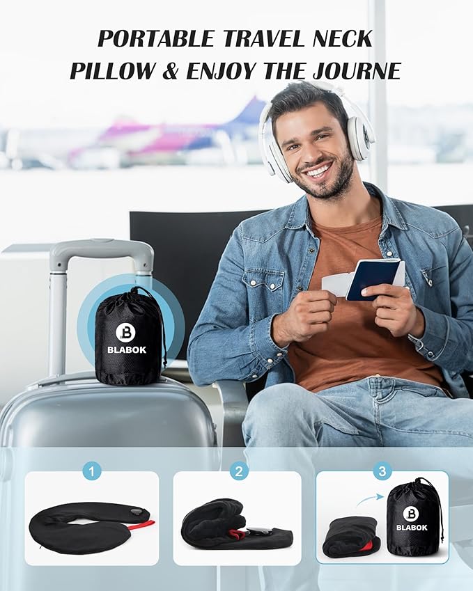 Patented Design Inflatable Travel Neck Pillow – Airplane Neck Pillow with 360° Head & Neck Support, Soft Washable Velvet Cover, Compact Neck Support Pillow for Airplane,Train,Car,Office & Home (Black)