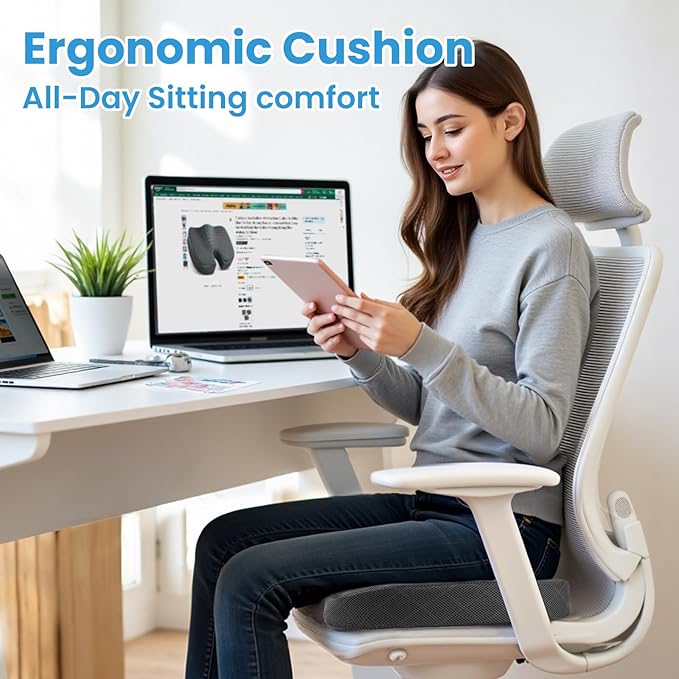 TushGuard Seat Cushion - Memory Foam Cushion for Office Chair, Car Seat, Airplane, Bleacher - Sciatica & Hip & Coccyx Pain Relief Desk Chair Cushion for Long Sitting Office Workers, Car Drivers