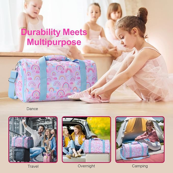 Bagseri Duffel Bags for Kids - Girls Dance Ballet Bag, Waterproof Sports Gymnastics Bag for Travel Overnight with Shoe Compartment and Dry Wet Separation Pockets (Light Purple Blue Rainbow)