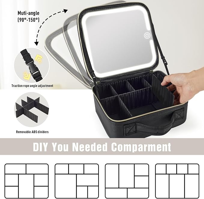 Travel Makeup Bag with Removable Mirror and Light, LED Lighted Make up Train Case, Cosmetic Organizer with PU Leather, 3 Colors Dimming Light, Adjustable Dividers & Brush Storage Board, Gift for Women