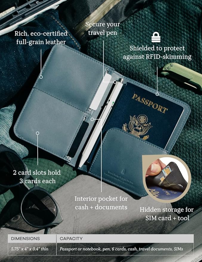 Distil Union Passport Cover+ | RFID-Shielded Premium Full-Grain Leather | Fits Passport, Cards, Cash, and More | Slim Travel Wallet and Organizer (Gray)