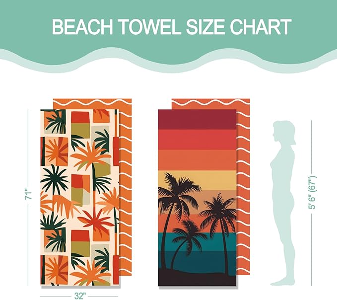 Eunzel 2 Pack Microfiber Beach Towel, Quick Dry Travel Towel Large Sand Free Towel for Beach, Camping, Swim Pool, Gym, Sports& Yoga 71"x32", Retro Tropics/Tropical Sunset