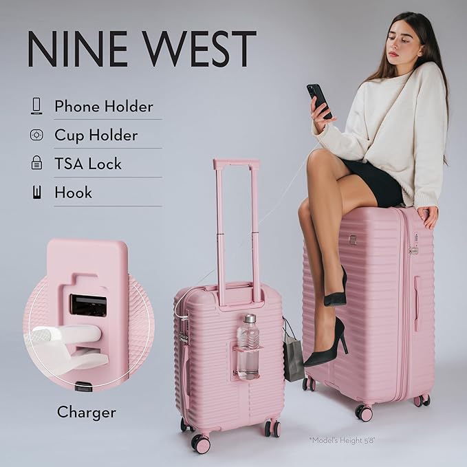 Nine West Suvi 2 Piece Luggage Set for Cruise & Extended Trips, 32" Large Expandable Suitcase & 20" Smart Carry On with USB Port, Hardshell Spinners Muted Lilac