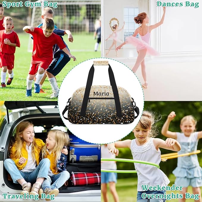 Personalized Kids Sports Duffel Bag with Name Custom Weekender Overnight Bag for Boys Girls Gym Bag Travel Dance Gymnastics Duffel Bag, Golden Glitter Black Shiny