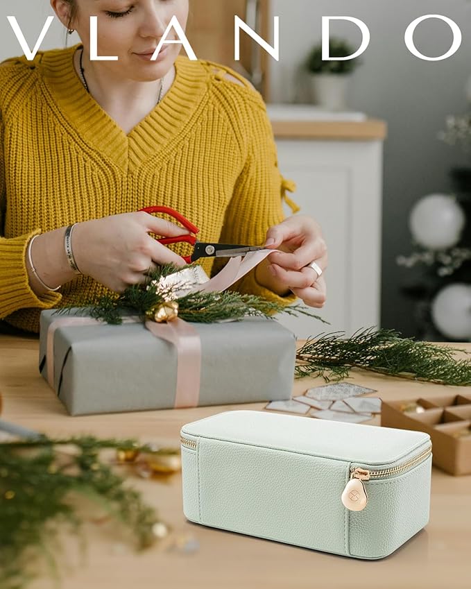 Vlando Jewelry Organizer with 12 Velvet Jewelry Bags Travel Jewelry Case for Girls Premium Petal Hardware Jewelry Box Necklace Rings Earrings Bags Birthday Christmas Gifts for Self-Mint Green