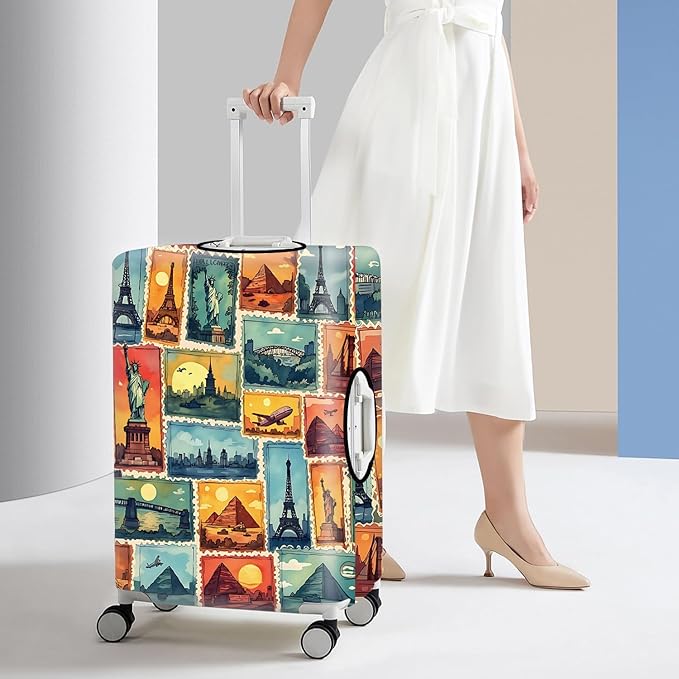 World Landmarks Luggage Cover – Travel Stamp Style Suitcase Protector Featuring Eiffel Tower, Statue of Liberty, and Pyramids, Elastic Washable Travel Cover,Fits 24"-26" Suitcase,M