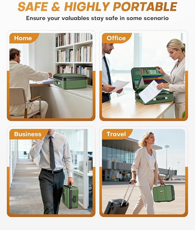 Fireproof Document Box, Hard Case Fireproof Document Organizer with Lock, Water Resistant Safe Box for Important Documents Certificates Laptop Passports, Green