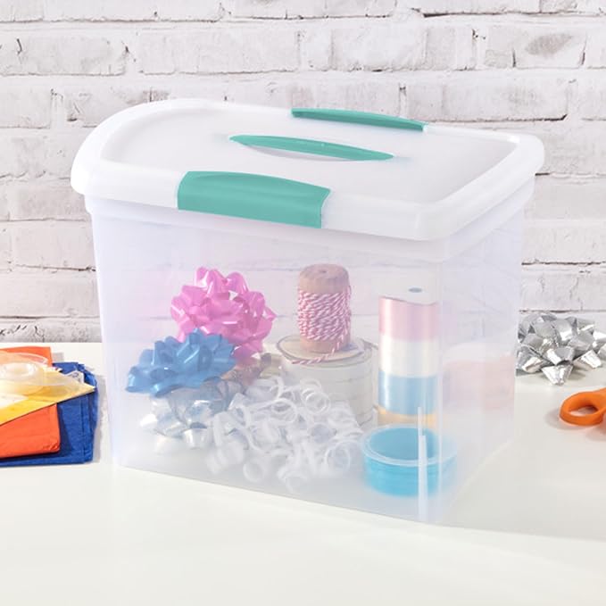 Sterilite Large Nesting ShowOffs, Stackable Small Storage Bin with Latching Lid and Handle, Plastic Container to Organize Office Files, Clear, 18-Pack