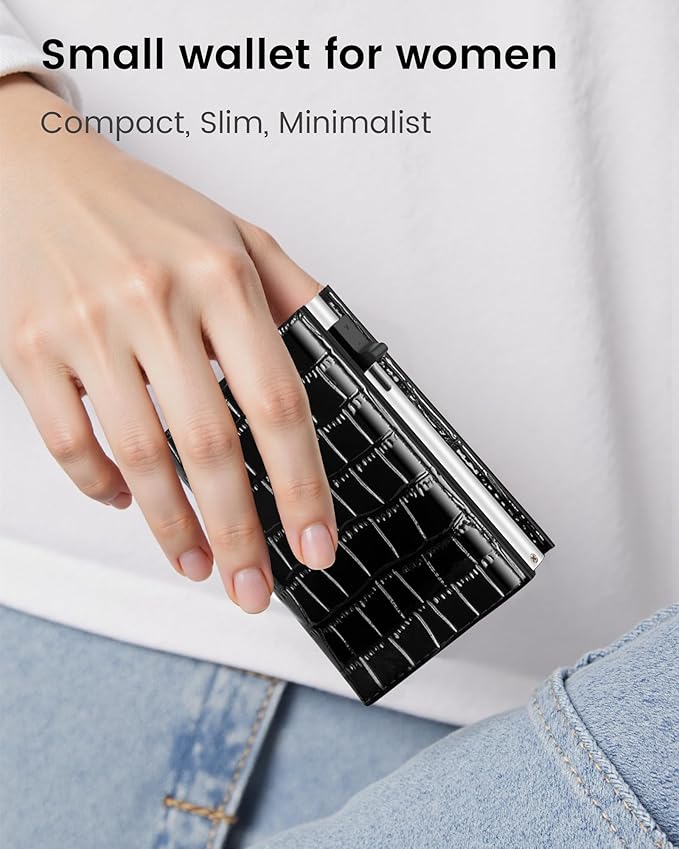 Women's Small Wallet - Sleek & Secure - RFID Blocking Compact Wallet with Slim Lightweight Pop Up Credit Card Holder, Premium Black Leather Capacity 11+ Cards Plus Cash & ID, Gift for Her