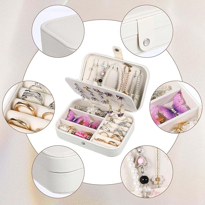 6 Pcs Travel Jewelry Box, PU Leather Mini Travel Jewelry Organizer for Women Girls, Double Layer Portable Small Ring Case, Display Storage Holder Boxes for Stud Earrings, Rings, Necklaces, Bracelets (