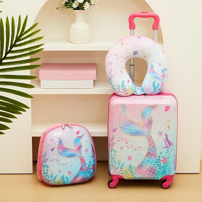 Sanwuta 4 Pcs Kids Luggage Set Backpack Travel Rolling Suitcase U-shape Pillow Christmas Children Gift for Girls Boys(17 Inch,Mermaid's Tail Style,Blue Purple)