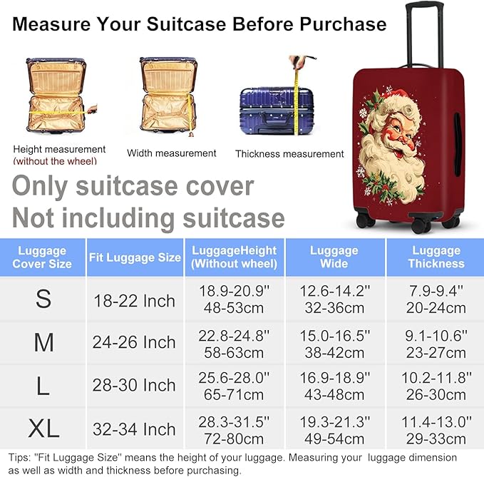 Retro Santa Luggage Cover - Vintage Saint Nicholas with Holly and Snowflakes, Traditional Christmas Suitcase Protector 32 34 Inch