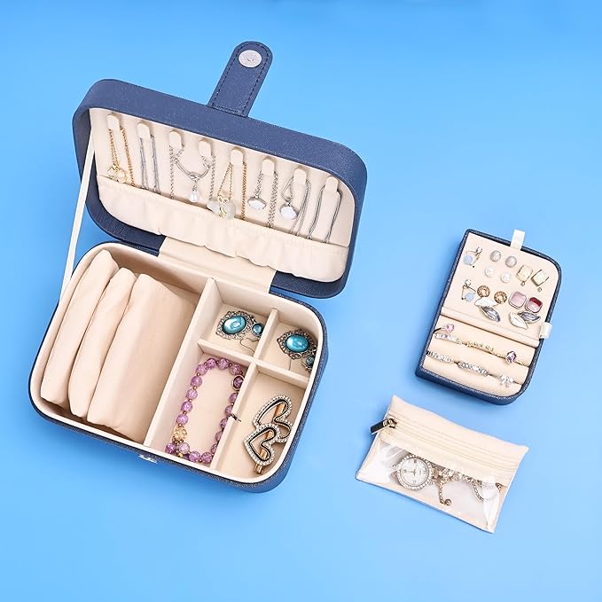 2 Layer Portable Jewelry Box, Large Jewelry Travel Case with 4 Velvet Jewelry Pouches, Medium Size Jewelry Organizer Box for Earrings, Necklaces, Bracelets (dark blue)