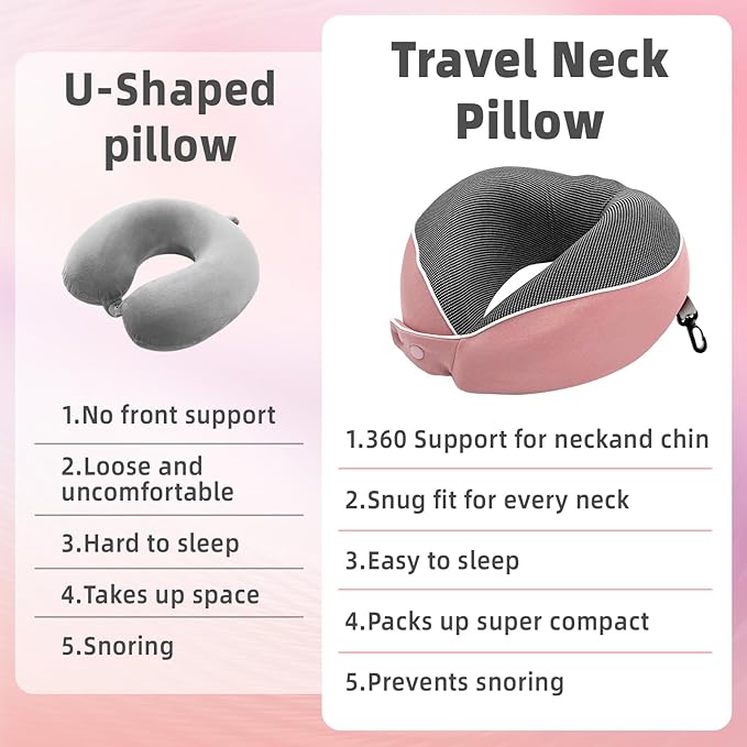 Memory Foam Neck Pillow Travel - Travel Pillows for Airplanes with Round Storage Box, 360° Ergonomic Support for Sleeping on Long Flights, Compact & Portable (Pink)