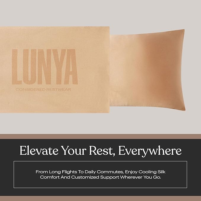 Lunya Washable Silk Travel Pillow – Soft Mulberry Silk Neck Pillow with Zipper Pillow Insert, Adjustable Fill, and Snap Straps – Travel Essential for Plane, Car, or Home - Hidden Nest - One Size