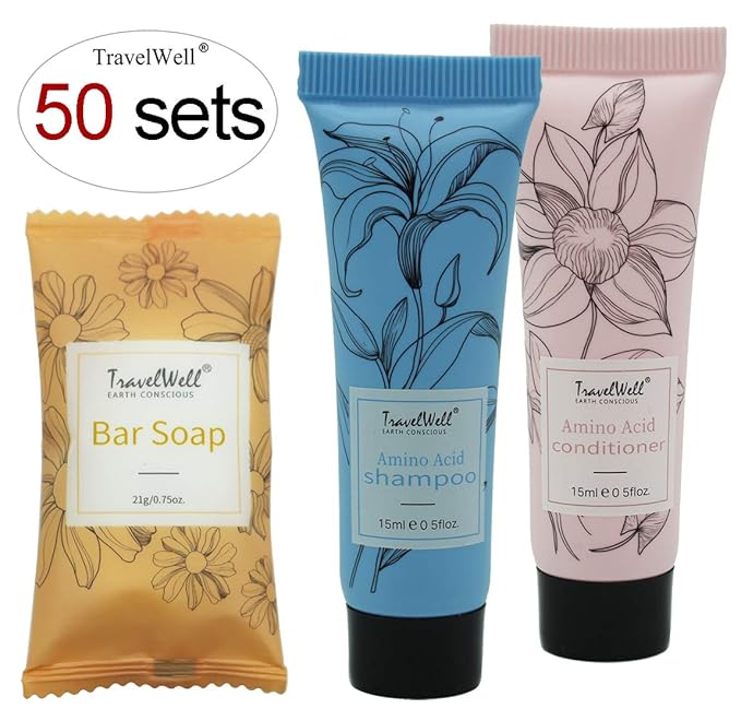 Travel Well Mini Shampoo & Conditioner Set with Soap Bars - Hotel Shampoo & Conditioner Supplies for Guests - Travel-Size Bulk Toiletries - Individual Toiletries for Guests - 150-Piece Set