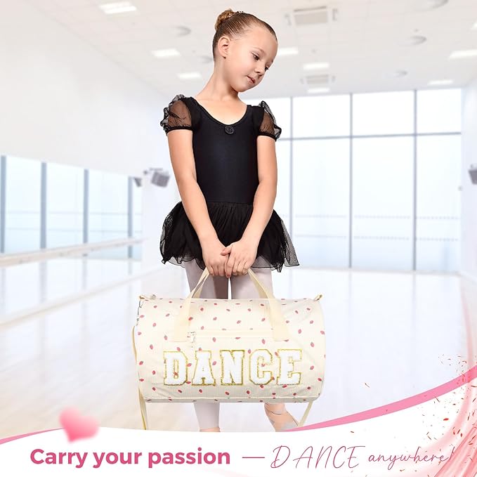 Dance Bag for Girls, KUIRAN 23L Waterproof Travel Duffel Bag with Colorful Chenille Letter, Lightweight Small Gym Sport Ballet Weekender Bag with Large Main Compartment - Strawberry/White