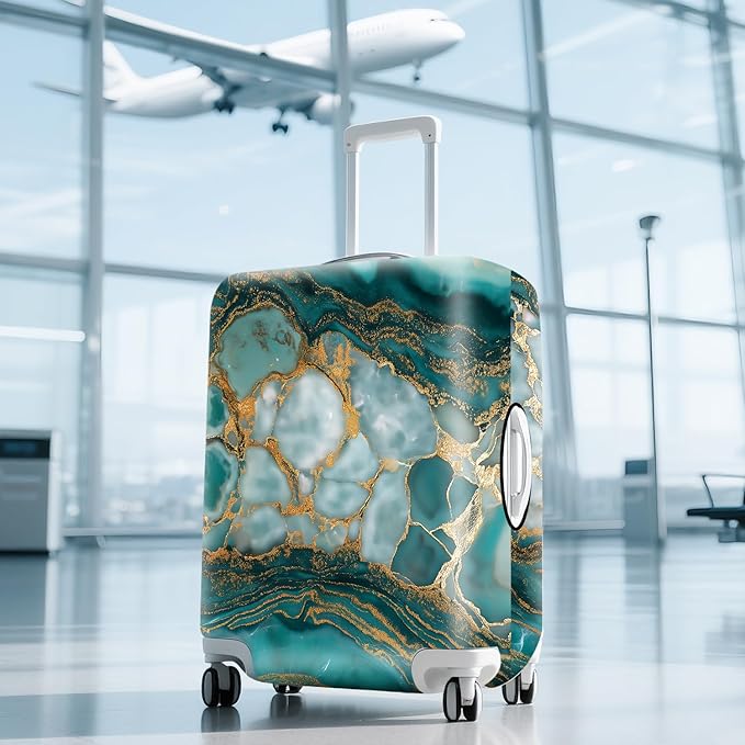FOREVER QUEEN Green Gold Luxury Marble Luggage Cover Suitcase Protector Suitcase Cover Anti-Scratch,Stretchable Bag Cover Washable Durable Polyester