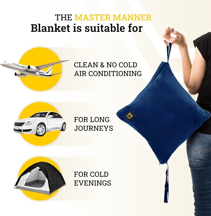 Travel Blanket Airplane Compact with Hoodie – 2in1 Airplane Travel Accessories from Plane Blanket to Travel Pillow with Luggage Strap, Soft Handle & Secure Pocket (Navy Blue, 62x41'')