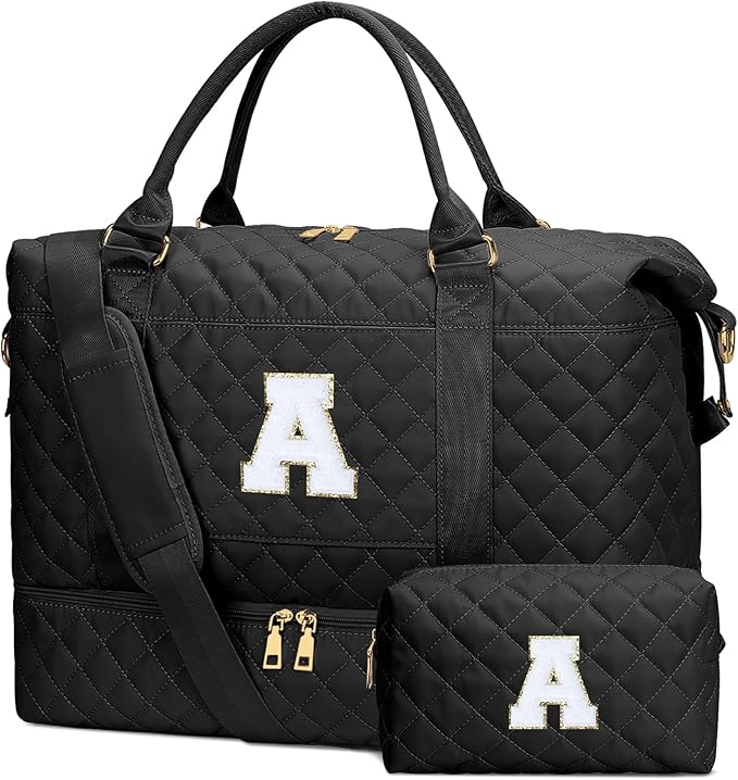 Gifts for Women Girls Initial Travel Duffle Bag Quilted Weekender Carry-On Overnight with Cosmetic Bag, Gym Bag with Shoe Compartment, Black A