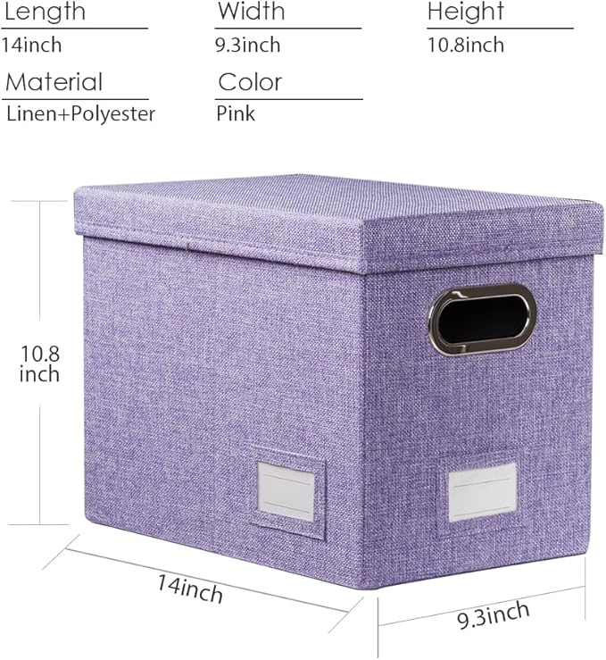 PRANDOM File Organizer Box - Set of 4 Collapsible Decorative Linen Filing Storage Hanging File Folders with Lids Office Cabinet Letter Size Purple (14x9.3x10.8 inch)