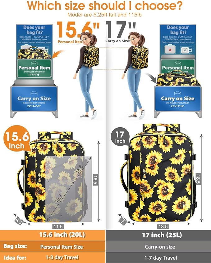 Capolo Travel Backpack for Women Men Waterproof Laptop Backpack Flight Approved Carry On Backpack Overnight Weekender Bag College Bookbag for Business, Work, Traveling Fits 15.6 '' Laptop,Sunflower