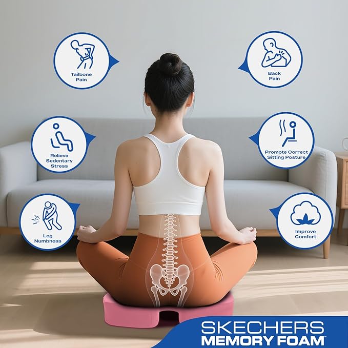 Skechers Memory Foam Seat Cushion,Ribbed Fabric Office Chair Cushion for Tailbone Pain Relief,Butt Pillow for Office Chair,Car Seat Cushion,Long Sitting Office Workers,and Car Drivers,Pink