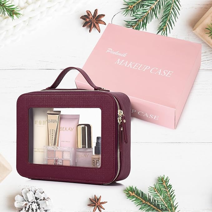Pinkmik Clear Makeup Bag Waterproof Travel Case for Cosmetics and Toiletries Women's Makeup Organizer and Car Bag with Zipper (X/Burgundy, L)