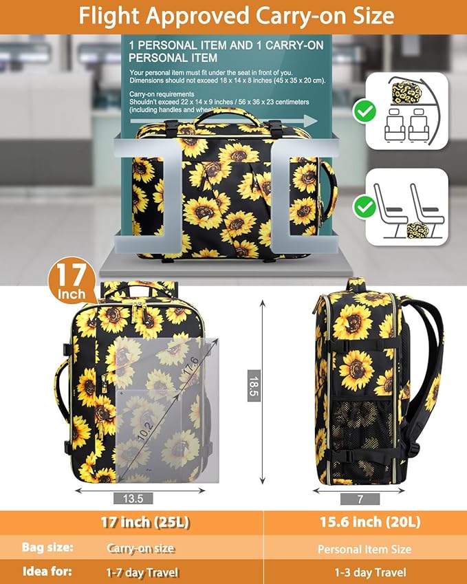 Capolo Travel Backpack for Women Men Waterproof Laptop Backpack Flight Approved Carry On Backpack Overnight Weekender Bag College Bookbag for Business, Work, Traveling Fits 17 '' Laptop,Sunflower