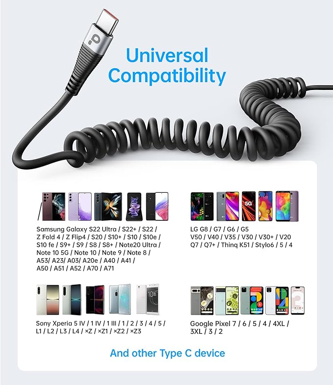 Coiled USBC to USBC Cables for Car 3FT/5FT, USB C to USB C Fast Charging Cables Short Type C Cord for iPhone 17/16/15/Pro/Plus/Pro Max/Samsung Galaxy S23, Compatible All Type C Devices-Silver 2Pack