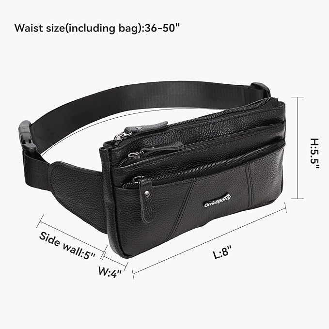 Leather Fanny Pack for Men Women,Genuine Leather Waist Belt Bag with Adjustable Strap Belt Hip Bag with Multi-Pockets for Travel Sports Running Cycling Hiking(Black)
