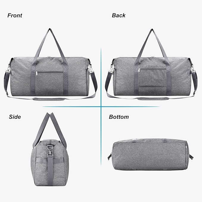 Carry on luaggage 22x14x9 Airlines Approved, Foldable Travel Duffel Bags Weekender Overnight Carry on Duffel Luggage Gym Duffle Bag with Wet Pocket & Shoe Compartment for Women Men(Grey, 40L)