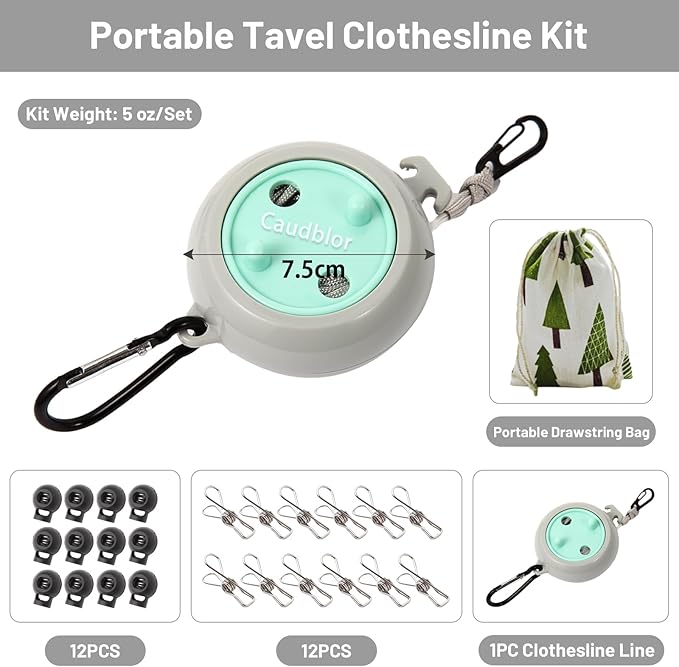Portable Travel Clothesline Cord, Caudblor Adjustable 33ft Camping Clothes line, Laundry Drying Rope for Hotel Trip, Cruise, Outdoor/Indoor, with 12Pcs Stoppers, Windproof Clothespins