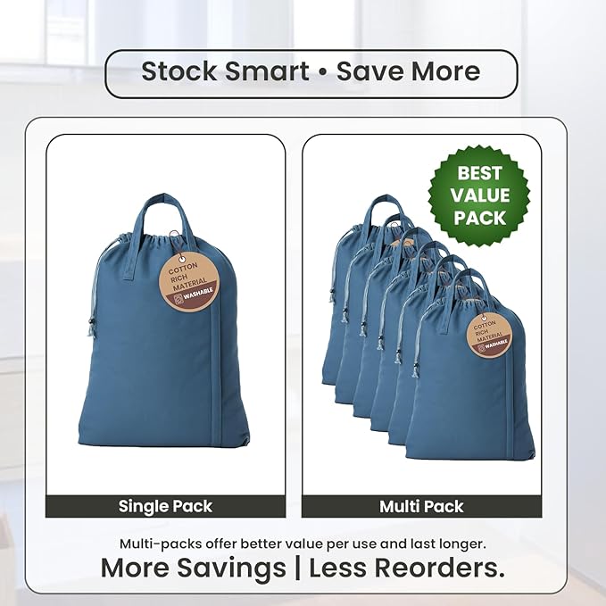 LFH Home Large Premium Cotton Canvas Laundry Bag with Drawstring and Handles Heavy Duty, Multi-Use, and Washable for Home, Travel, College or Storage 28x40 (Pack of 4)-Sky Blue