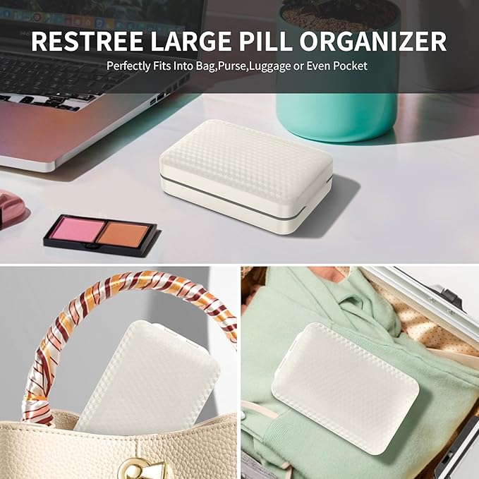 Restree Weekly Pill Organizer, Magnetic Moisture Proof Pill Case, Large Capacity Travel Pill Box with Inner Clear Lid for Vitamins, Supplements, and Daily Medications 8 Compartment (White)