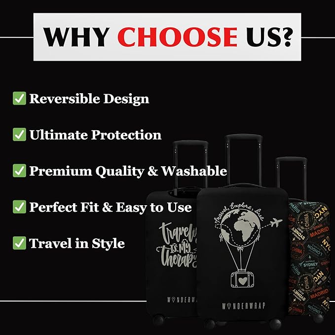 Reversible Luggage Covers & Protectors - Versatile & Washable Luggage & Suitcase Covers | Anti-Scratch Suitcase Cover for Travel (Black Hot Air Balloon, Small (48-53 x 32-36 x 20-24cm))