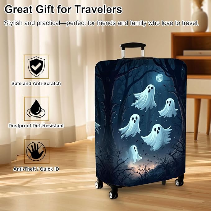 Luggage Cover Protector for 30-32 Inch Suitcases, TSA Approved Elastic Travel Suitcase Covers, Anti-Scratch Washable Luggage Sleeve for Carry On & Checked Bags, Group of Ghosts