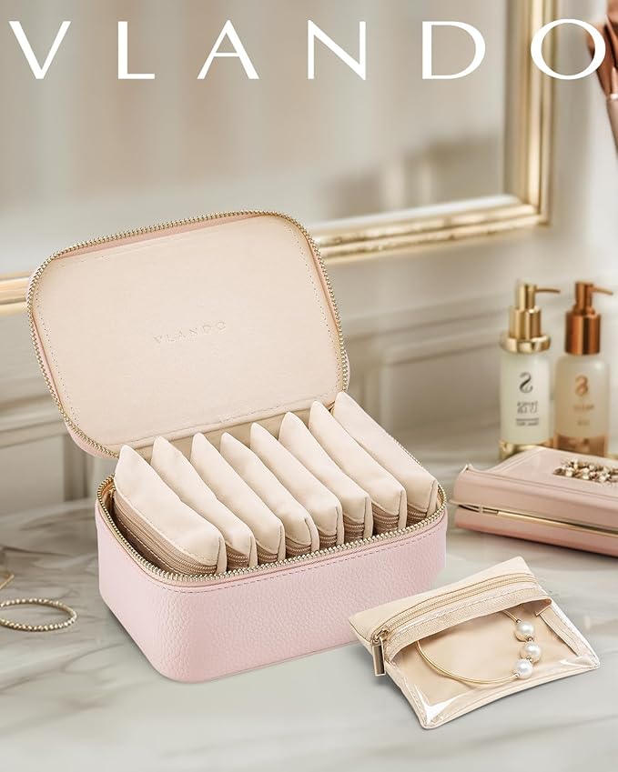 Vlando Jewelry Box with 8 Velvet Jewelry Bags Travel Jewelry Case for Women Girls Jewelry Organizer Necklace Rings Earrings Bags Gift Ideas for Christmas Birthday Bride (Pink)