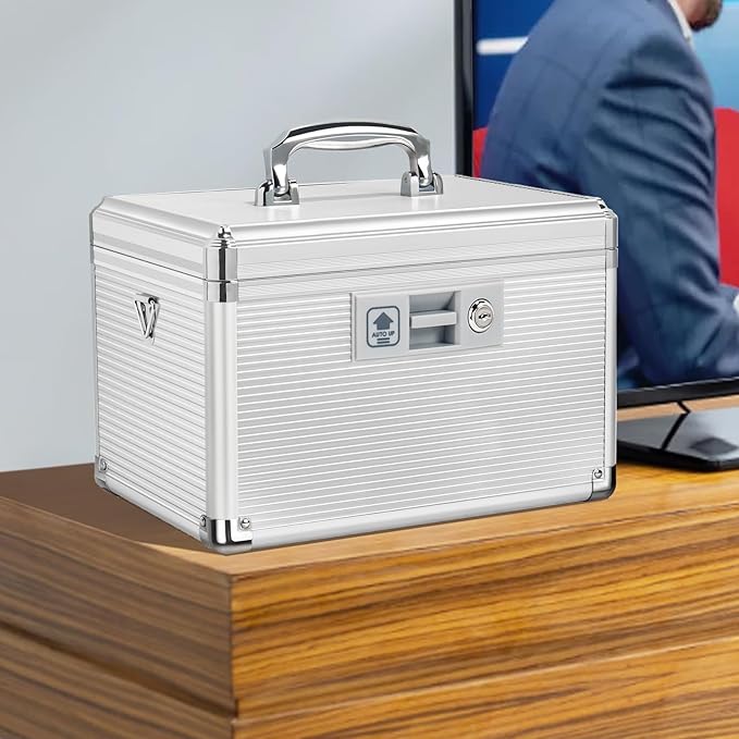 Medicine Lock Box with Key, Alluminum Alloy Box for Medication,First Aid Box with a Removeable Tray to Store Medicines & Pills for Home, Silver 12 * 7.68 * 7.87 Inch